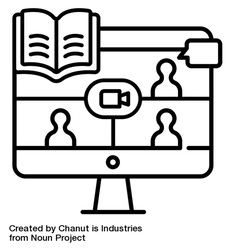 Computer screen with book, video camera, chat box and three silhouettes  